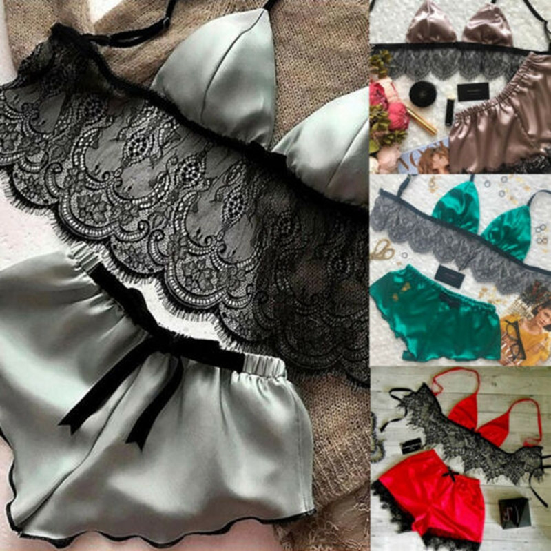 Dámske pyžamá, sexy čipkovaná podprsenka, hodvábny satén, spodná bielizeň, crop top, podprsenka + šortky, súpravy s výstrihom do V a bez rukávov, bezšvové nočné prádlo 2 ks