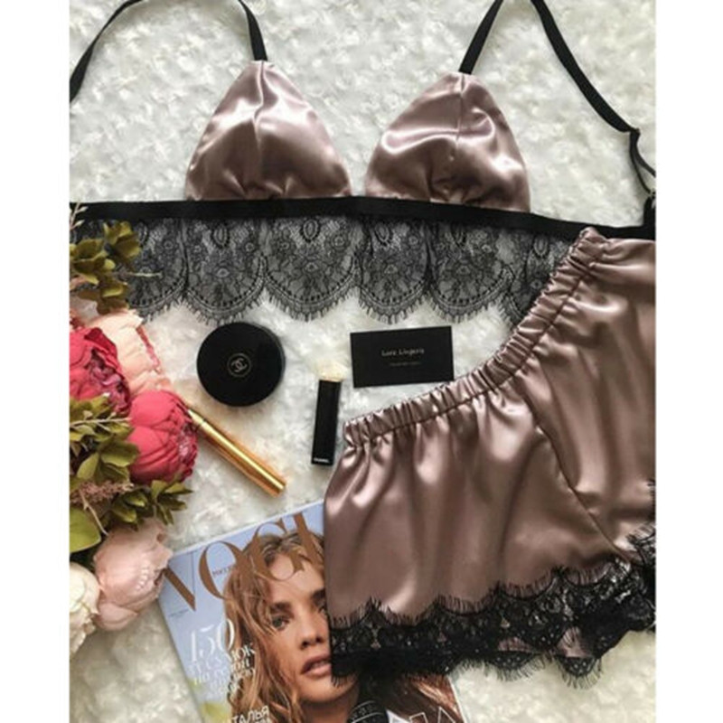Dámske pyžamá, sexy čipkovaná podprsenka, hodvábny satén, spodná bielizeň, crop top, podprsenka + šortky, súpravy s výstrihom do V a bez rukávov, bezšvové nočné prádlo 2 ks