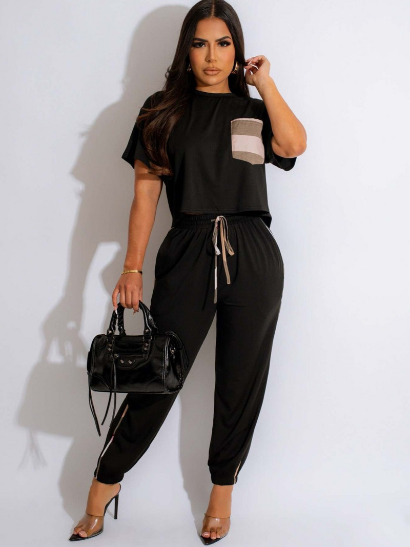 LW Plus Size naiste 2-osalised dressipluusid tasku disainiga pükste komplekt sügis UUS lühikeste varrukatega T-särk + püksid Ülikonnad Elegantsed komplektid