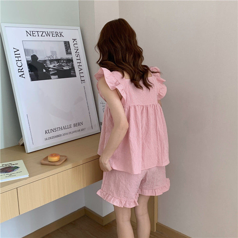 Naiste pidžaamakomplektid Ruuduline avara varrukateta topid ja lühikesed püksid, kandiline krae Sweet Girls, igapäevane šikk korea magamisriided, suur suurus M-2XL