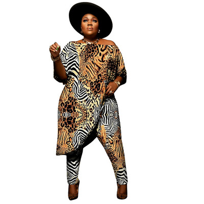 WSFEC L-4XL hulgimüük Dropshipping 2023 Talvine suures suuruses naiste rõivad, kaheosalised komplektid Leopard Ebaregulaarsed Olkaimeta pükskostüümid