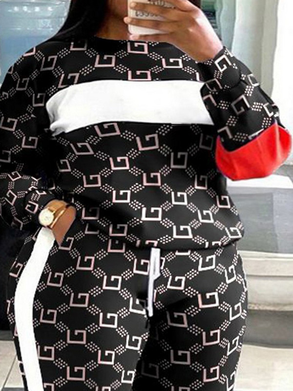 Sady Outfity 2023 Nové plus Size geometrická potlač farebne blokované mikina a pruhované tepláky sada dvoch módnych ležérnych kúskov