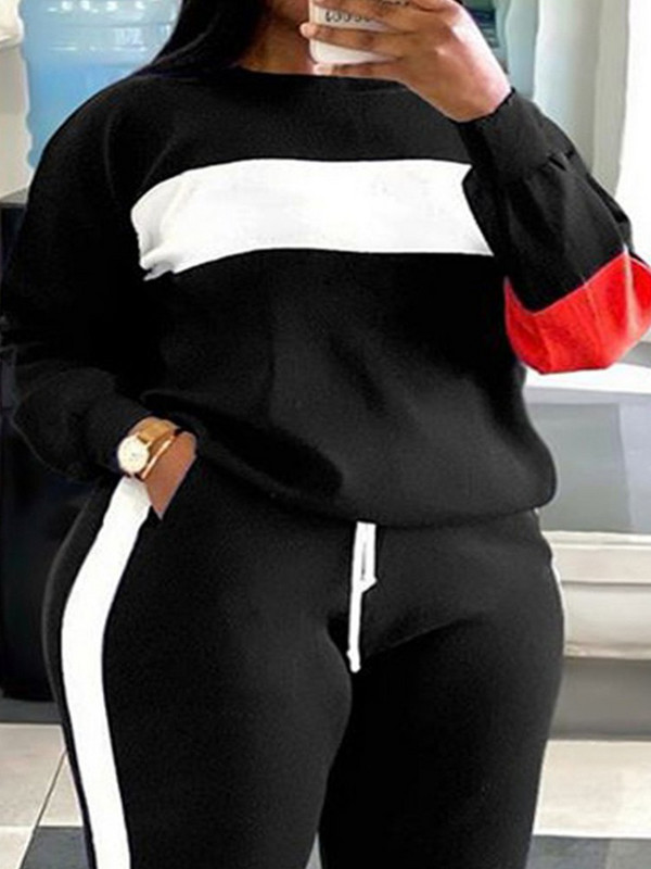 Sady Outfity 2023 Nové plus Size geometrická potlač farebne blokované mikina a pruhované tepláky sada dvoch módnych ležérnych kúskov