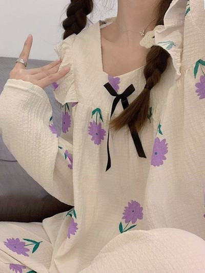 Ανοιξιάτικα γλυκά φαρδιά σετ πιτζάμες Γυναικείες βολάν Γαλλικού στυλ Κομψά υπνοδωμάτια για αναψυχή στο σπίτι Μοντέρνο μακρυμάνικο 2023