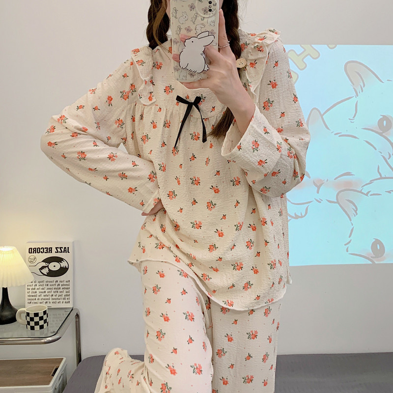 Ανοιξιάτικα γλυκά φαρδιά σετ πιτζάμες Γυναικείες βολάν Γαλλικού στυλ Κομψά υπνοδωμάτια για αναψυχή στο σπίτι Μοντέρνο μακρυμάνικο 2023