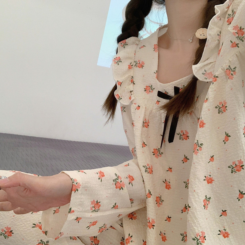 Ανοιξιάτικα γλυκά φαρδιά σετ πιτζάμες Γυναικείες βολάν Γαλλικού στυλ Κομψά υπνοδωμάτια για αναψυχή στο σπίτι Μοντέρνο μακρυμάνικο 2023
