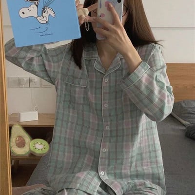 Seturi de pijamale Femei Imbracaminte de casa minimalista Reduceri populare Toamna Confortabil Stil japonez Nou Basic Ins Doamnelor Guler răsturnat