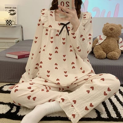 Seturi de pijamale Femei Imbracaminte de casa minimalista Reduceri populare Toamna Confortabil Stil japonez Nou Basic Ins Doamnelor Guler răsturnat