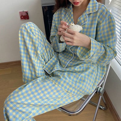 Seturi de pijamale Femei Imbracaminte de casa minimalista Reduceri populare Toamna Confortabil Stil japonez Nou Basic Ins Doamnelor Guler răsturnat