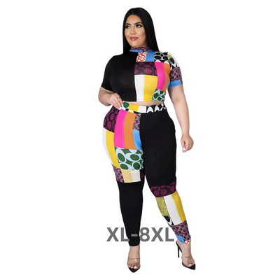 Set de marimi mari Îmbrăcăminte de vară pentru femei Imprimare la modă Cusături Culoare Top cu mâneci scurte și pantaloni 2 piese 3xl 4xl 5xl 6xl