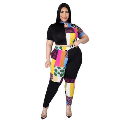 Σετ Μεγάλου Μεγέθους Γυναικεία Καλοκαιρινά Ρούχα Εκτύπωση Μόδας Έγχρωμη Ραφή Κοντό μανίκι και παντελόνι 2 τεμάχια 3xl 4xl 5xl 6xl