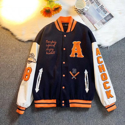 Jachetă americană Varsity Jachetă Bărbați Femei Hip Hop Unisex Harajuku Baseball Moda Cuplu Culor contrastante Jachete Bomber Varsity