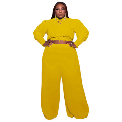 Плюс размер Комплект от две части Дамски есенни дрехи Ежедневни комплекти с крап топ панталони Плътни комплекти с превръзка с дълъг ръкав Цели 3xl 4xl 5xl 6xl