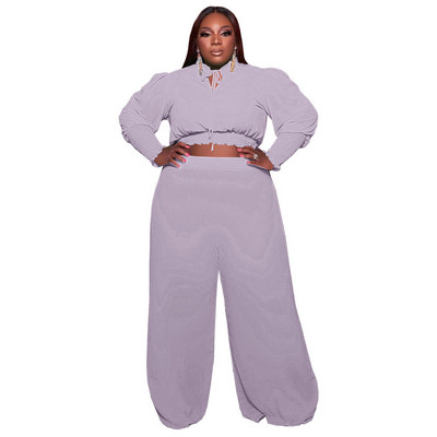 Плюс размер Комплект от две части Дамски есенни дрехи Ежедневни комплекти с крап топ панталони Плътни комплекти с превръзка с дълъг ръкав Цели 3xl 4xl 5xl 6xl