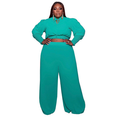 Плюс размер Комплект от две части Дамски есенни дрехи Ежедневни комплекти с крап топ панталони Плътни комплекти с превръзка с дълъг ръкав Цели 3xl 4xl 5xl 6xl