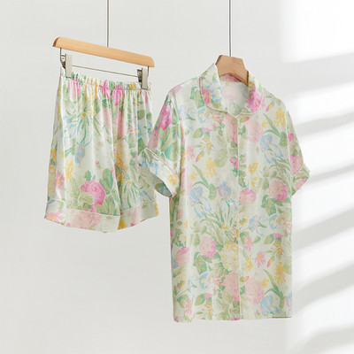 Σετ φλοράλ εμπριμέ σορτς πιτζάμες για γυναικεία ανοιξιάτικα και καλοκαιρινά βαμβακερά κοντό μανίκια Vanilla Mint Υψηλής ποιότητας οικιακό κοστούμι