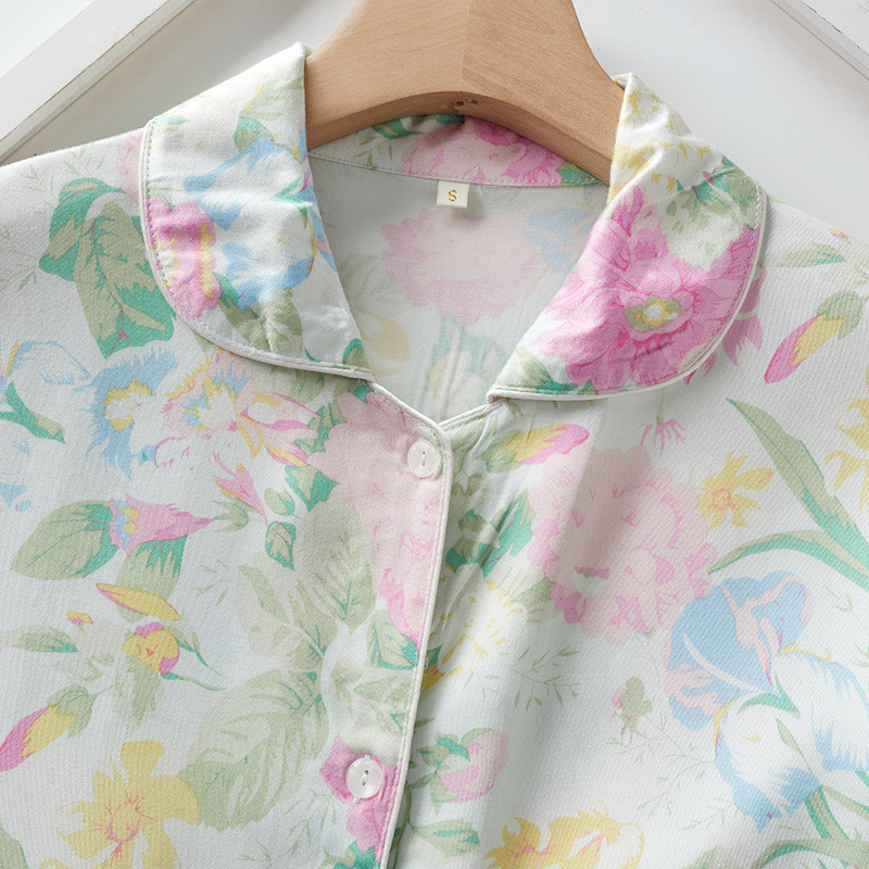 Σετ φλοράλ εμπριμέ σορτς πιτζάμες για γυναικεία ανοιξιάτικα και καλοκαιρινά βαμβακερά κοντό μανίκια Vanilla Mint Υψηλής ποιότητας οικιακό κοστούμι