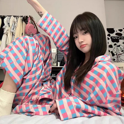 Seturi de pijamale femei largi de primăvară, dulci, carouri, timp liber, studenți, îmbrăcăminte de noapte, acasă, salon, șic, modă zilnică, stil Ins 2023 nou