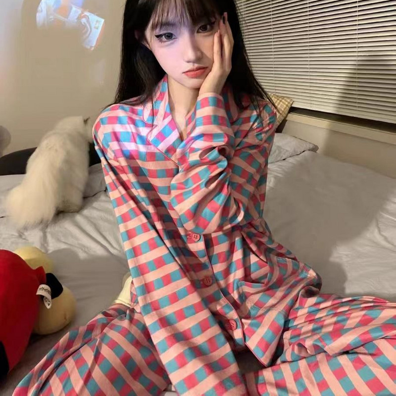 Seturi de pijamale femei largi de primăvară, dulci, carouri, timp liber, studenți, îmbrăcăminte de noapte, acasă, salon, șic, modă zilnică, stil Ins 2023 nou