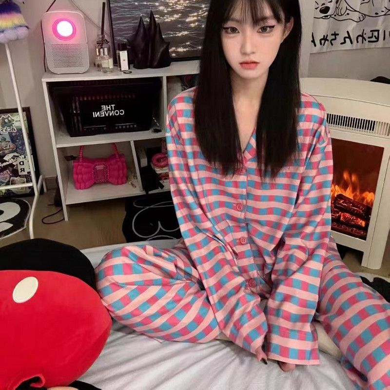Seturi de pijamale femei largi de primăvară, dulci, carouri, timp liber, studenți, îmbrăcăminte de noapte, acasă, salon, șic, modă zilnică, stil Ins 2023 nou