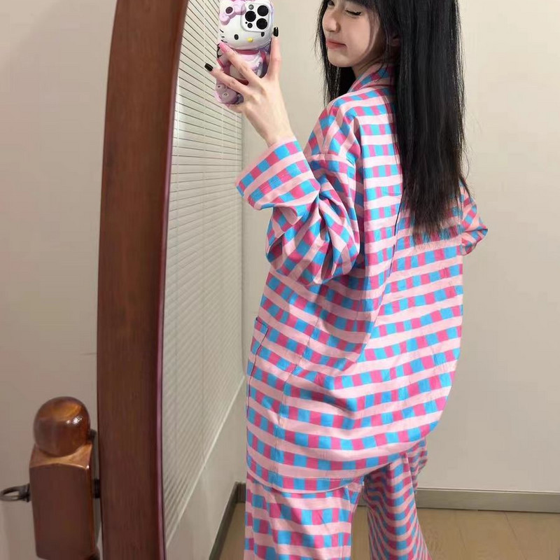 Seturi de pijamale femei largi de primăvară, dulci, carouri, timp liber, studenți, îmbrăcăminte de noapte, acasă, salon, șic, modă zilnică, stil Ins 2023 nou