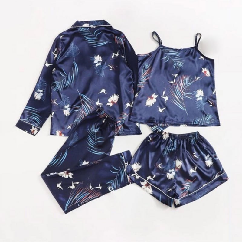 Kevadsuvi naiste pidžaamakomplekt Siidsatiinist pidžaamakomplekt Pikkade varrukatega särk pükstega Magamisriided Salongirõivad Naiste pidžaamad Ülikonnad Mujer