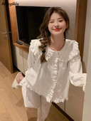 Σετ πιτζάμες Γυναικεία ανοιξιάτικα βολάν Γαλλικού στυλ Γλυκό σχεδιασμένο για κορίτσια υπνοδωμάτια Vintage Κοιτώνας Κομψό Νέο Δημοφιλές χαλαρό αναπνεύσιμο