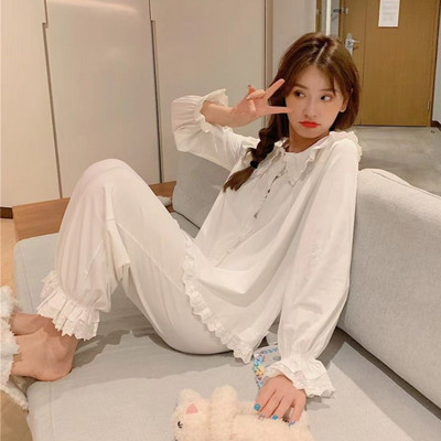 Σετ πιτζάμες Γυναικεία ανοιξιάτικα βολάν Γαλλικού στυλ Γλυκό σχεδιασμένο για κορίτσια υπνοδωμάτια Vintage Κοιτώνας Κομψό Νέο Δημοφιλές χαλαρό αναπνεύσιμο