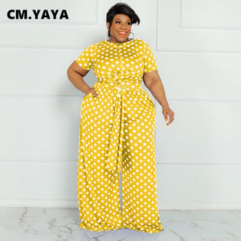 CM.YAYA Plus Size Elegant Dot Women Two 2 Piece Set Outfits Φούτερ καλοκαιρινή γραβάτα T-shirt και φαρδύ παντελόνι γυμναστικής