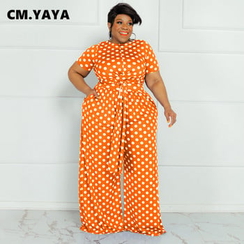 CM.YAYA Plus Size Elegant Dot Women Two 2 Piece Set Outfits Φούτερ καλοκαιρινή γραβάτα T-shirt και φαρδύ παντελόνι γυμναστικής