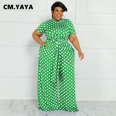 CM.YAYA Plus Size Elegant Dot Women Two 2 Piece Set Outfits Φούτερ καλοκαιρινή γραβάτα T-shirt και φαρδύ παντελόνι γυμναστικής