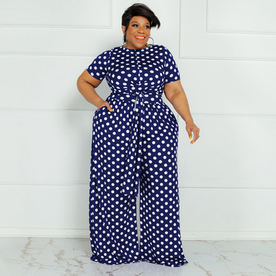 CM.YAYA Plus Size Elegantná bodkovaná dámska súprava s dvoma 2-dielnymi outfitmi, letným tričkom s kravatou a nohavicami so širokými nohavicami, fitness súprava