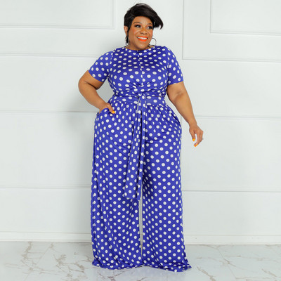 CM.YAYA Plus Size Elegantná bodkovaná dámska súprava s dvoma 2-dielnymi outfitmi, letným tričkom s kravatou a nohavicami so širokými nohavicami, fitness súprava