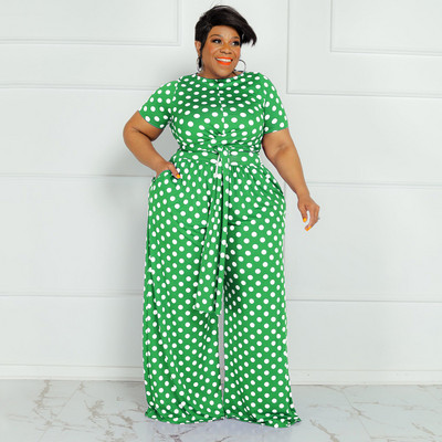 CM.YAYA Plus Size Elegantná bodkovaná dámska súprava s dvoma 2-dielnymi outfitmi, letným tričkom s kravatou a nohavicami so širokými nohavicami, fitness súprava