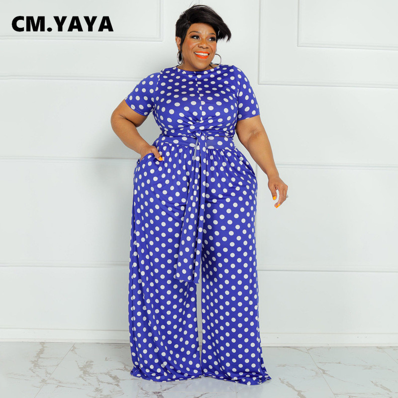 CM.YAYA Plus Size Elegantná bodkovaná dámska súprava s dvoma 2-dielnymi outfitmi, letným tričkom s kravatou a nohavicami so širokými nohavicami, fitness súprava