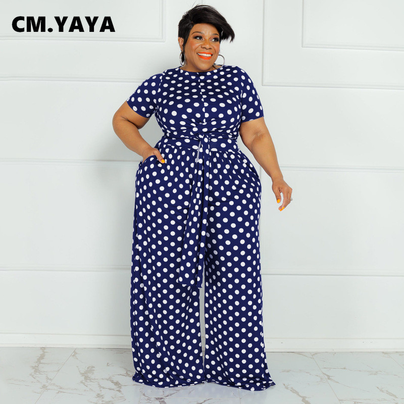 CM.YAYA Plus Size Elegantná bodkovaná dámska súprava s dvoma 2-dielnymi outfitmi, letným tričkom s kravatou a nohavicami so širokými nohavicami, fitness súprava