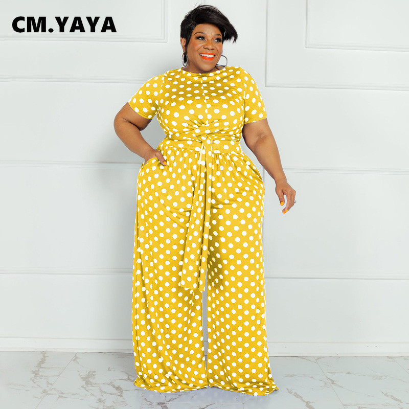 CM.YAYA Plus Size Elegantná bodkovaná dámska súprava s dvoma 2-dielnymi outfitmi, letným tričkom s kravatou a nohavicami so širokými nohavicami, fitness súprava