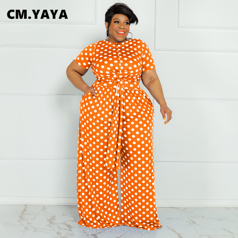 CM.YAYA Plus Size Elegantná bodkovaná dámska súprava s dvoma 2-dielnymi outfitmi, letným tričkom s kravatou a nohavicami so širokými nohavicami, fitness súprava
