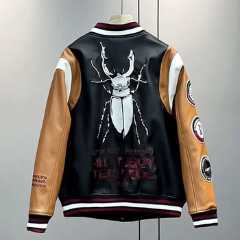 Za Embroidery Bomber Jacket Мъжки Дамски Кожени Beetle High Street Бейзболни палта Висококачествени ретро PU горни дрехи Есен Зима Ново