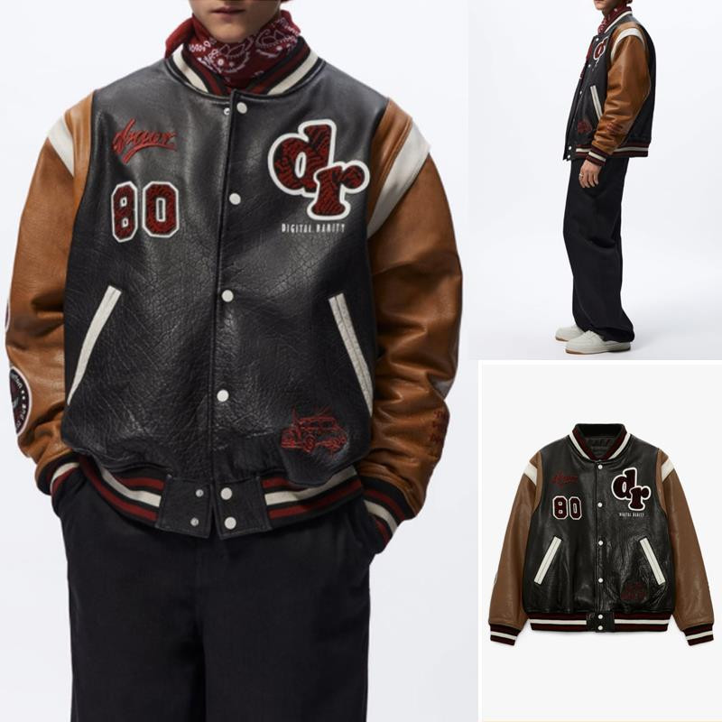 Za Embroidery Bomber Jaka Vīriešu Sieviešu Ādas Vaboles High Street Beisbola Mēteļi Augstas kvalitātes Retro PU Apģērbi Rudens Ziema Jaunums