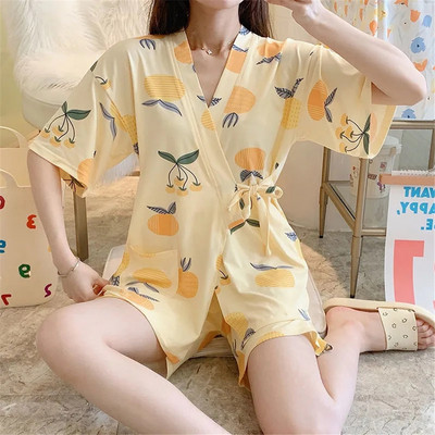 Γιαπωνέζικο κιμονό γυναικεία ρούχα Kawaii Δωμάτιο Καλοκαίρι 2021 Πιτζάμες με floral στάμπα χαλαρά σορτς πιτζάμες δύο τεμαχίων σετ νυχτικά