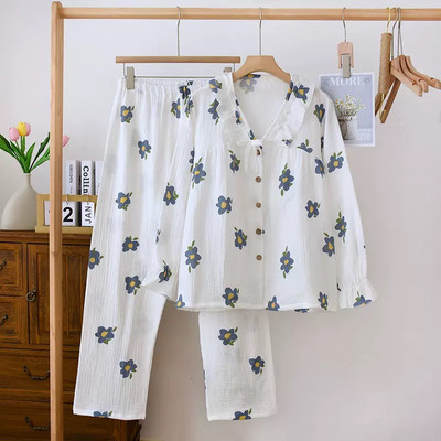 Vestimentație nouă de primăvară Îmbrăcăminte de acasă pentru femei Pantaloni cu mâneci lungi Cardigan din bumbac din tifon Lingere Îmbrăcăminte de acasă pentru femei