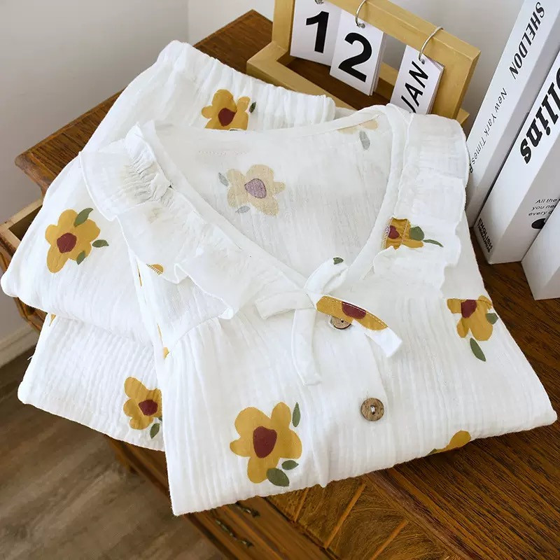 Vestimentație nouă de primăvară Îmbrăcăminte de acasă pentru femei Pantaloni cu mâneci lungi Cardigan din bumbac din tifon Lingere Îmbrăcăminte de acasă pentru femei