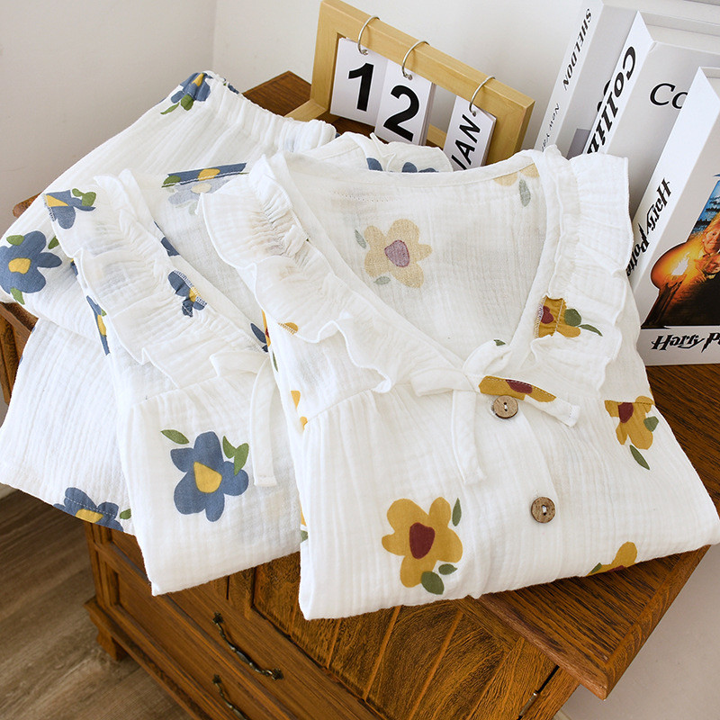 Vestimentație nouă de primăvară Îmbrăcăminte de acasă pentru femei Pantaloni cu mâneci lungi Cardigan din bumbac din tifon Lingere Îmbrăcăminte de acasă pentru femei