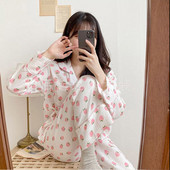 Πιτζάμες 100% Βαμβακερή Γάζα Γυναικεία Μακριά Sleepwear Strawberry Print Pijamas Πιτζάμες μακρυμάνικο 2 τεμαχίων Γυναικείο σετ Dropshipping