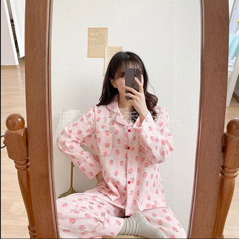 Πιτζάμες 100% Βαμβακερή Γάζα Γυναικεία Μακριά Sleepwear Strawberry Print Pijamas Πιτζάμες μακρυμάνικο 2 τεμαχίων Γυναικείο σετ Dropshipping