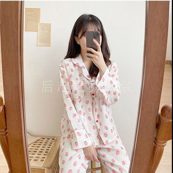 Πιτζάμες 100% Βαμβακερή Γάζα Γυναικεία Μακριά Sleepwear Strawberry Print Pijamas Πιτζάμες μακρυμάνικο 2 τεμαχίων Γυναικείο σετ Dropshipping