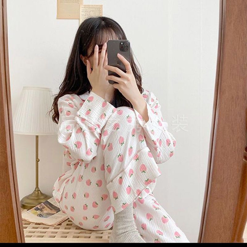 Πιτζάμες 100% Βαμβακερή Γάζα Γυναικεία Μακριά Sleepwear Strawberry Print Pijamas Πιτζάμες μακρυμάνικο 2 τεμαχίων Γυναικείο σετ Dropshipping