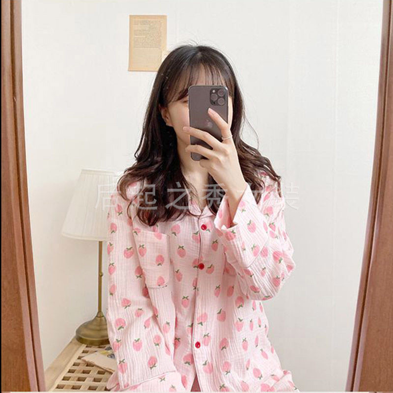 Πιτζάμες 100% Βαμβακερή Γάζα Γυναικεία Μακριά Sleepwear Strawberry Print Pijamas Πιτζάμες μακρυμάνικο 2 τεμαχίων Γυναικείο σετ Dropshipping