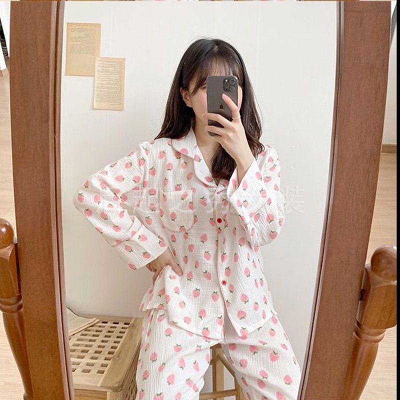 Πιτζάμες 100% Βαμβακερή Γάζα Γυναικεία Μακριά Sleepwear Strawberry Print Pijamas Πιτζάμες μακρυμάνικο 2 τεμαχίων Γυναικείο σετ Dropshipping